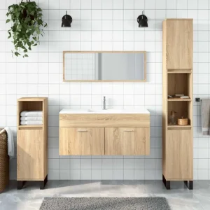 Badkamermeubelset met bewerkt hout en minimalistische spiegel