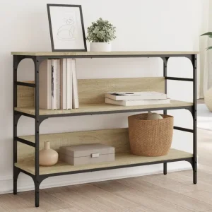 Bijzettafel met bewerkt hout en metalen frame met verstelbare poten